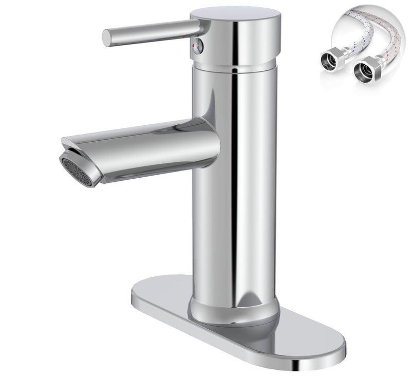 Green Spring Chrome Bathroom Faucet 1 Hole, Greenspring Single Lever Bathroom Sink Faucets Modern Deck Mount One Hole Lavatory Vanity Faucet with Deck Plate and Supply Line, Brass - Image 1